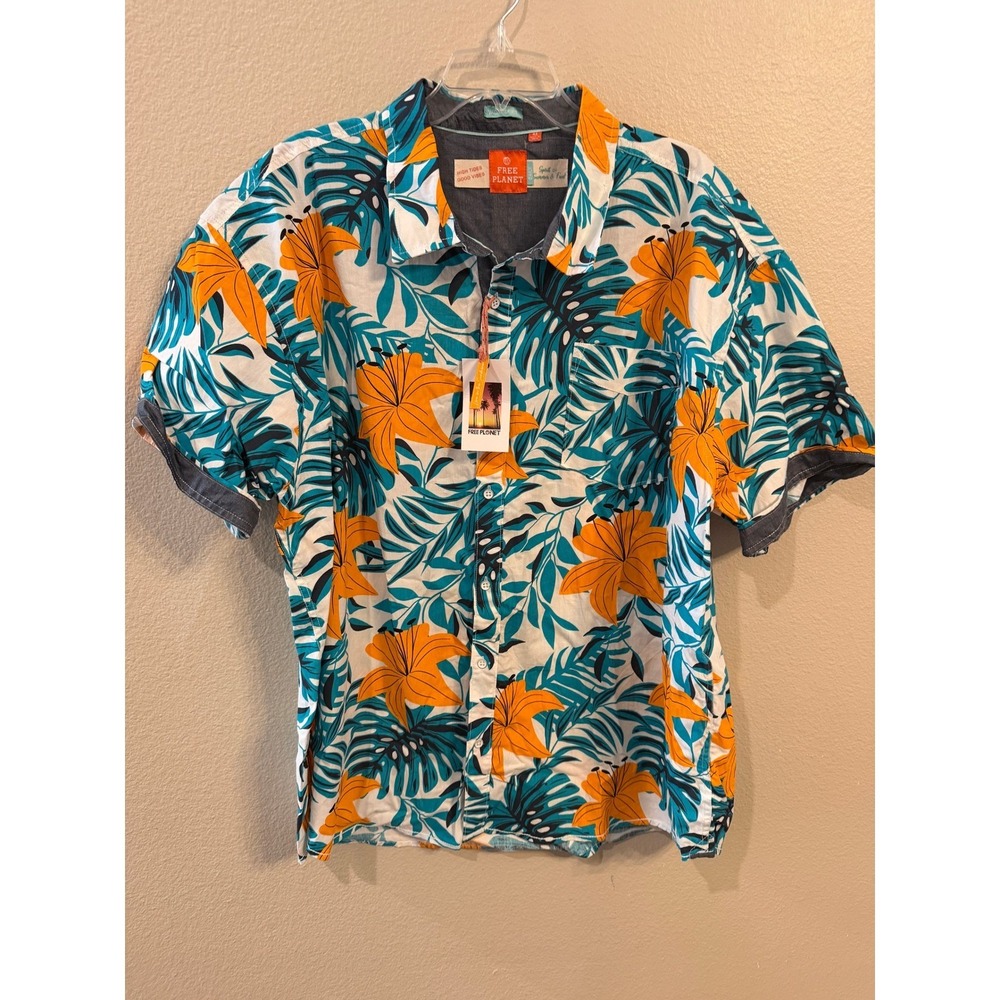 Free‎ Planet Mens 4X White Orange Teal Floral Leaf Short Sleeve Button Up Shirt